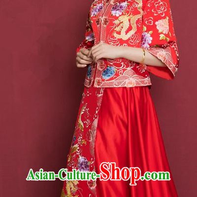 Traditional Ancient Chinese Wedding Costume Handmade Delicacy XiuHe Suits Embroidery Dragon Cheongsam Palace Bottom Drawer, Chinese Style Hanfu Wedding Bride Hanfu Clothing for Women