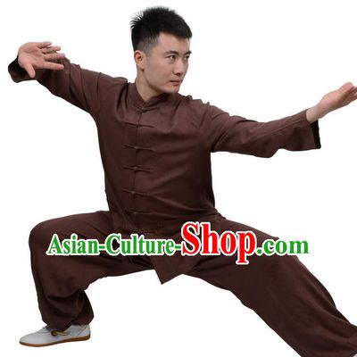 Top Kung Fu Linen Costume Martial Arts Costume Kung Fu Training Clothing, Tai Ji Plated Buttons Coffee Uniform Gongfu Wushu Clothing for Women for Men