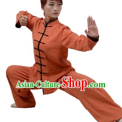 Top Kung Fu Linen Costume Martial Arts Costume Kung Fu Training Clothing, Tai Ji Plated Buttons Orange Uniform Gongfu Wushu Clothing for Women for Men