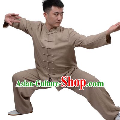 Top Kung Fu Linen Costume Martial Arts Costume Kung Fu Training Clothing, Tai Ji Plated Buttons Brown Uniform Gongfu Wushu Clothing for Women for Men
