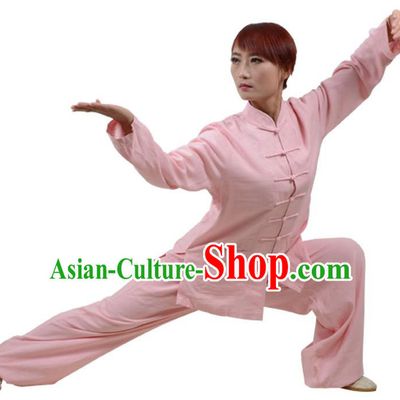 Top Kung Fu Linen Costume Martial Arts Costume Kung Fu Training Clothing, Tai Ji Plated Buttons Pink Uniform Gongfu Wushu Clothing for Women for Men
