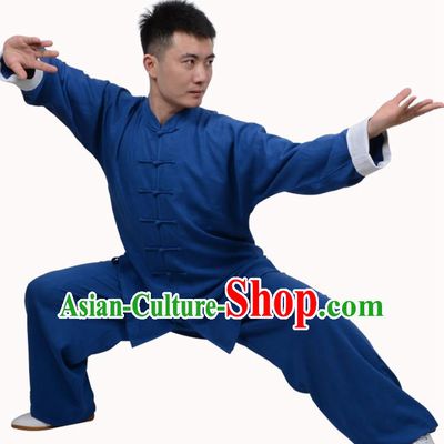Top Martial Arts Costume Kung Fu Training Clothing, Tai Ji Plated Buttons Blue Uniform Gongfu Wushu Costume  for Women for Men