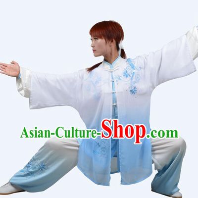 Top Grade Martial Arts Costume Kung Fu Training Clothing, Tai Ji Embroidery Blue Uniform Gongfu Wushu Costume  for Women for Men