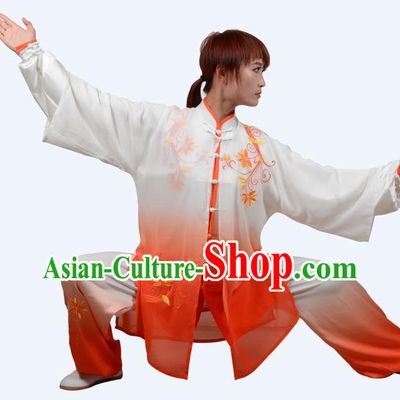 Top Grade Martial Arts Costume Kung Fu Training Clothing, Tai Ji Embroidery Orange Uniform Gongfu Wushu Costume  for Women for Men