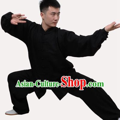 Top Grade Linen Martial Arts Costume Kung Fu Training Clothing, Tai Ji Embroidery Black Uniform Gongfu Wushu Costume  for Women for Men