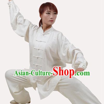Top Grade Linen Martial Arts Costume Kung Fu Training Clothing, Tai Ji Embroidery White Uniform Gongfu Wushu Costume  for Women for Men