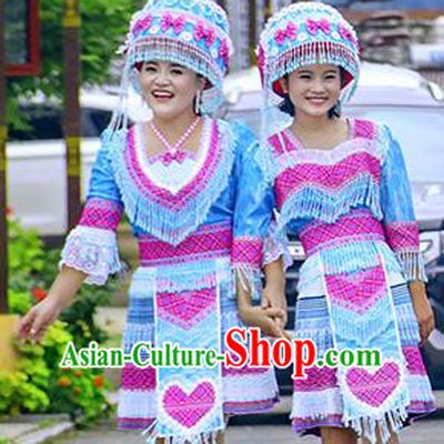 Traditional Chinese Miao Nationality Costume and Hat, Hmong Folk Dance Ethnic Blue Pleated Skirt, Chinese Minority Nationality Embroidery Clothing and Headwear for Women
