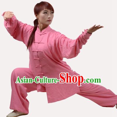 Top Grade Linen Martial Arts Costume Kung Fu Training Clothing, Tai Ji Embroidery Pink Uniform Gongfu Wushu Costume for Women for Men