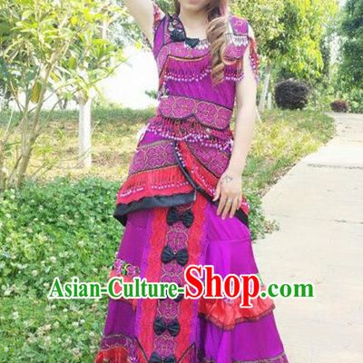 Traditional Chinese Miao Nationality Costume and Headwear, Hmong Folk Dance Ethnic Long Purple Dress, Chinese Minority Nationality Embroidery Clothing for Women
