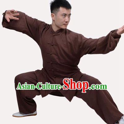 Top Grade Linen Martial Arts Costume Kung Fu Training Clothing, Tai Ji Embroidery Deep Brown Uniform Gongfu Wushu Costume for Women for Men