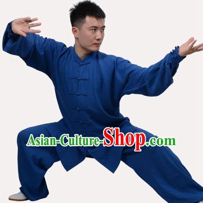 Top Grade Linen Martial Arts Costume Kung Fu Training Clothing, Tai Ji Embroidery Deep Blue Uniform Gongfu Wushu Costume for Women for Men