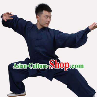 Top Grade Linen Martial Arts Costume Kung Fu Training Clothing, Tai Ji Navy Uniform Gongfu Wushu Costume for Women for Men