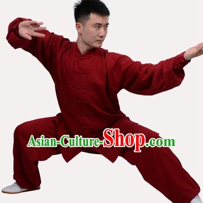 Top Grade Linen Martial Arts Costume Kung Fu Training Clothing, Tai Ji Wine Red Uniform Gongfu Wushu Costume for Women for Men