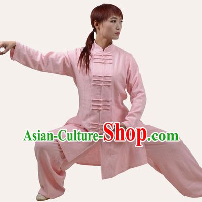 Top Grade Linen Martial Arts Costume Kung Fu Training Plated Buttons Clothing, Tai Ji Pink Uniform Gongfu Wushu Costume for Women for Men