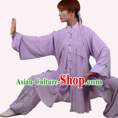 Top Grade Linen Martial Arts Costume Kung Fu Training Embroidery Plated Buttons Clothing, Tai Ji Purple Uniform Gongfu Wushu Costume for Women for Men