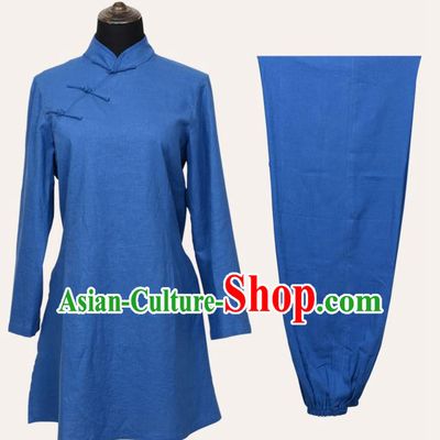 Top Grade Linen Martial Arts Costume Kung Fu Training Slant Opening Plated Buttons Clothing, Tai Ji Blue Uniform Gongfu Wushu Costume for Women for Men