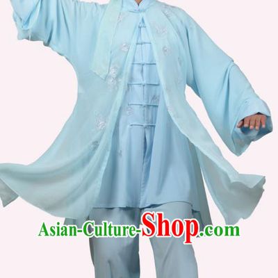 Top Grade Linen Martial Arts Costume Kung Fu Training Embroidery Plated Buttons Clothing, Tai Ji Blue Uniform Gongfu Wushu Costume for Women for Men
