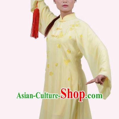 Top Grade Linen Martial Arts Costume Kung Fu Training Embroidery Plated Buttons Clothing, Tai Ji Yellow Uniform Gongfu Wushu Costume for Women for Men