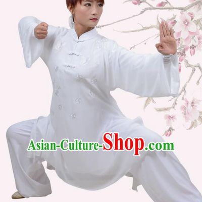 Top Grade Martial Arts Costume Kung Fu Training Embroidery Plated Buttons White Clothing, Tai Ji Uniform Gongfu Wushu Costume for Women for Men