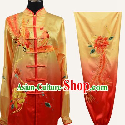 Top Grade Martial Arts Costume Kung Fu Training Embroidery Phoenix Plated Buttons Yellow Clothing, Tai Ji Uniform Gongfu Wushu Costume for Women