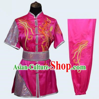 Top Grade Linen Martial Arts Costume Kung Fu Training Long Fist Clothing, Tai Ji Rosy Embroidery Uniform Gongfu Wushu Costume for Women for Men
