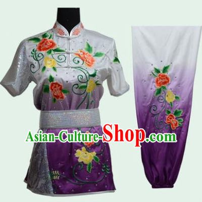 Top Grade Martial Arts Costume Kung Fu Training Long Fist Clothing, Tai Ji Embroidery Peony Purple Uniform Gongfu Wushu Costume for Women