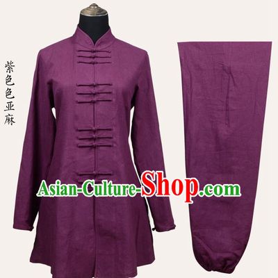 Top Grade Linen Martial Arts Costume Kung Fu Training Front Opening Plated Buttons Clothing, Tai Ji Purple Uniform Gongfu Wushu Costume for Women for Men