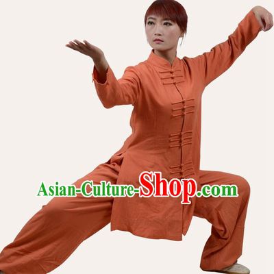 Top Grade Linen Martial Arts Costume Kung Fu Training Front Opening Plated Buttons Clothing, Tai Ji Orange Uniform Gongfu Wushu Costume for Women for Men