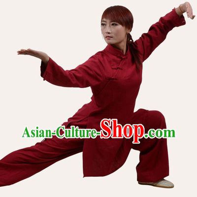 Top Grade Linen Martial Arts Costume Kung Fu Training Slant Opening Plated Buttons Clothing, Tai Ji Red Uniform Gongfu Wushu Costume for Women for Men