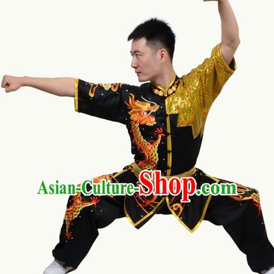 Top Grade Martial Arts Costume Kung Fu Training Short Sleeve Black Clothing, Tai Ji Embroidery Long Fist Uniform Gongfu Wushu Costume for Women for Men