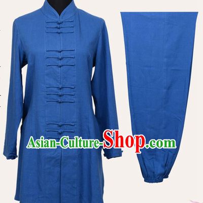 Top Grade Linen Martial Arts Costume Kung Fu Training Front Opening Plated Buttons Clothing, Tai Ji Blue Uniform Gongfu Wushu Costume for Women for Men