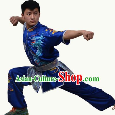 Top Grade Martial Arts Costume Kung Fu Training Short Sleeve Blue Clothing, Tai Ji Embroidery Long Fist Uniform Gongfu Wushu Costume for Women for Men