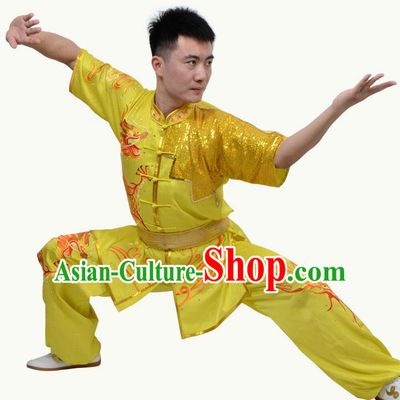 Top Grade Martial Arts Costume Kung Fu Training Short Sleeve Yellow Clothing, Tai Ji Embroidery Long Fist Uniform Gongfu Wushu Costume for Women for Men