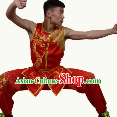 Top Grade Martial Arts Costume Kung Fu Training Short Sleeve Red Clothing, Tai Ji Embroidery Long Fist Uniform Gongfu Wushu Costume for Women for Men