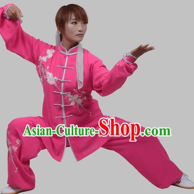 Top Grade China Martial Arts Costume Kung Fu Training Embroidery Plum Blossom Clothing, Chinese Embroidery Tai Ji Rosy Uniform Gongfu Wushu Costume for Women