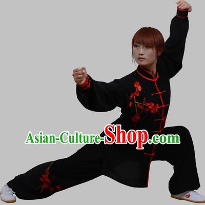 Top Grade China Martial Arts Costume Kung Fu Training Embroidery Plum Blossom Clothing, Chinese Embroidery Tai Ji Black Uniform Gongfu Wushu Costume for Women