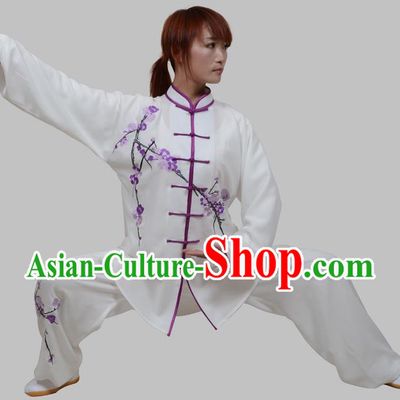 Top Grade China Martial Arts Costume Kung Fu Training Embroidery Plum Blossom Clothing, Chinese Embroidery Tai Ji White Uniform Gongfu Wushu Costume for Women