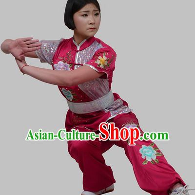 Top Grade China Martial Arts Costume Kung Fu Training Embroidery Peony Clothing, Chinese Embroidery Tai Ji Rosy Uniform Gongfu Wushu Costume for Women