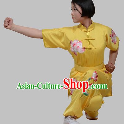 Top Grade China Martial Arts Costume Kung Fu Training Embroidery Lotus Clothing, Chinese Embroidery Tai Ji Yellow Uniform Gongfu Wushu Costume for Women