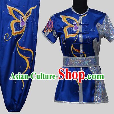 Top Grade China Martial Arts Costume Kung Fu Training Embroidery Butterfly Clothing, Chinese Embroidery Tai Ji Blue Uniform Gongfu Wushu Costume for Women