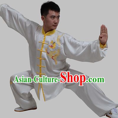 Top Grade China Martial Arts Costume Kung Fu Training Embroidery White Clothing, Chinese Embroidery Dragon Tai Ji Uniform Gongfu Wushu Costume for Men