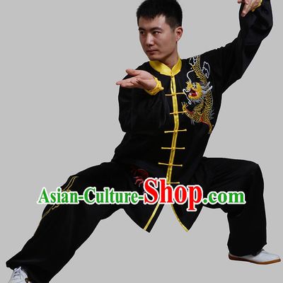 Top Grade China Martial Arts Costume Kung Fu Training Embroidery Black Clothing, Chinese Embroidery Dragon Tai Ji Uniform Gongfu Wushu Costume for Men