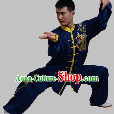 Top Grade China Martial Arts Costume Kung Fu Training Embroidery Blue Clothing, Chinese Embroidery Dragon Tai Ji Uniform Gongfu Wushu Costume for Men