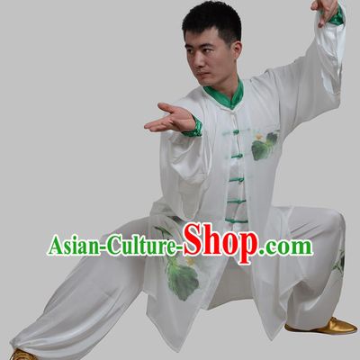 Top Grade China Martial Arts Costume Kung Fu Training Ink Painting Lotus Clothing, Chinese Tai Ji White Uniform Gongfu Wushu Costume for Men