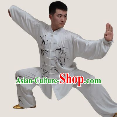 Top Grade China Martial Arts Costume Kung Fu Training Ink Painting Bamboo Clothing, Chinese Tai Ji Uniform Gongfu Wushu Costume for Men