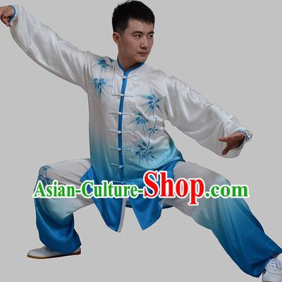 Top Grade China Martial Arts Costume Kung Fu Training Embroidery Bamboo Clothing, Chinese Tai Ji Blue Uniform Gongfu Wushu Costume for Men