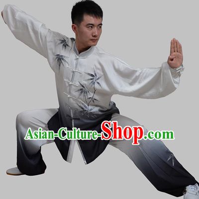 Top Grade China Martial Arts Costume Kung Fu Taichi Gradient Training Embroidery Bamboo Clothing, Chinese Tai Ji Black Uniform Gongfu Wushu Costume for Men