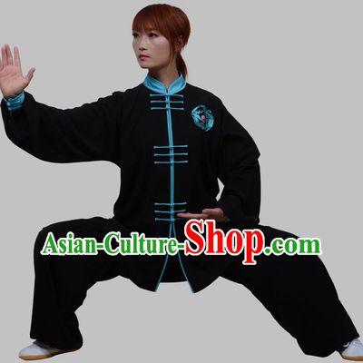 Top Grade China Martial Arts Costume Kung Fu Training Blue Plated Buttons Clothing, Chinese Embroidery Tai Ji Black Uniform Gongfu Wushu Costume for Women for Men