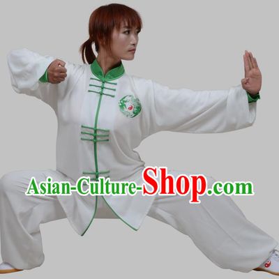 Top Grade China Martial Arts Costume Kung Fu Training Green Plated Buttons Clothing, Chinese Embroidery Tai Ji White Uniform Gongfu Wushu Costume for Women for Men
