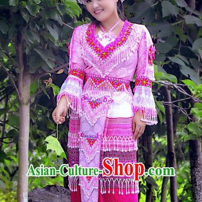 Traditional Chinese Miao Nationality Wedding Costume and Hat, Hmong Young Lady Bride Folk Dance Ethnic Tassel Skirt, Chinese Minority Nationality Embroidery Clothing for Women